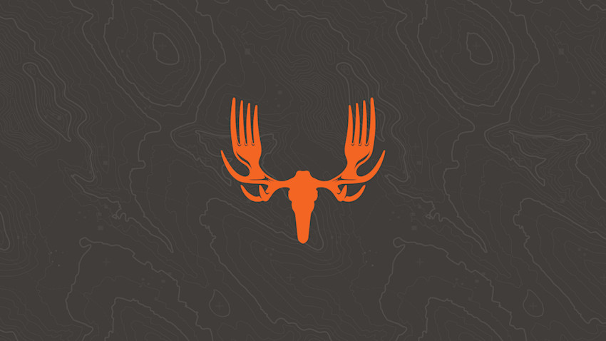 MeatEater logo: orange deer skull with fork-shaped antlers on dark gray topographic background