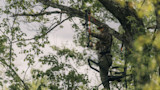 Hunter in camouflage on a tree stand drawing a compound bow