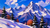 Painted snowy mountain landscape with evergreen trees and MeatEater logo