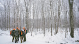 Group of five hunters in orange caps and backpacks standing in snowy woods beside a creek