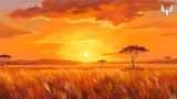 Orange savanna sunset with tall grass and acacia trees; MeatEater logo top-right