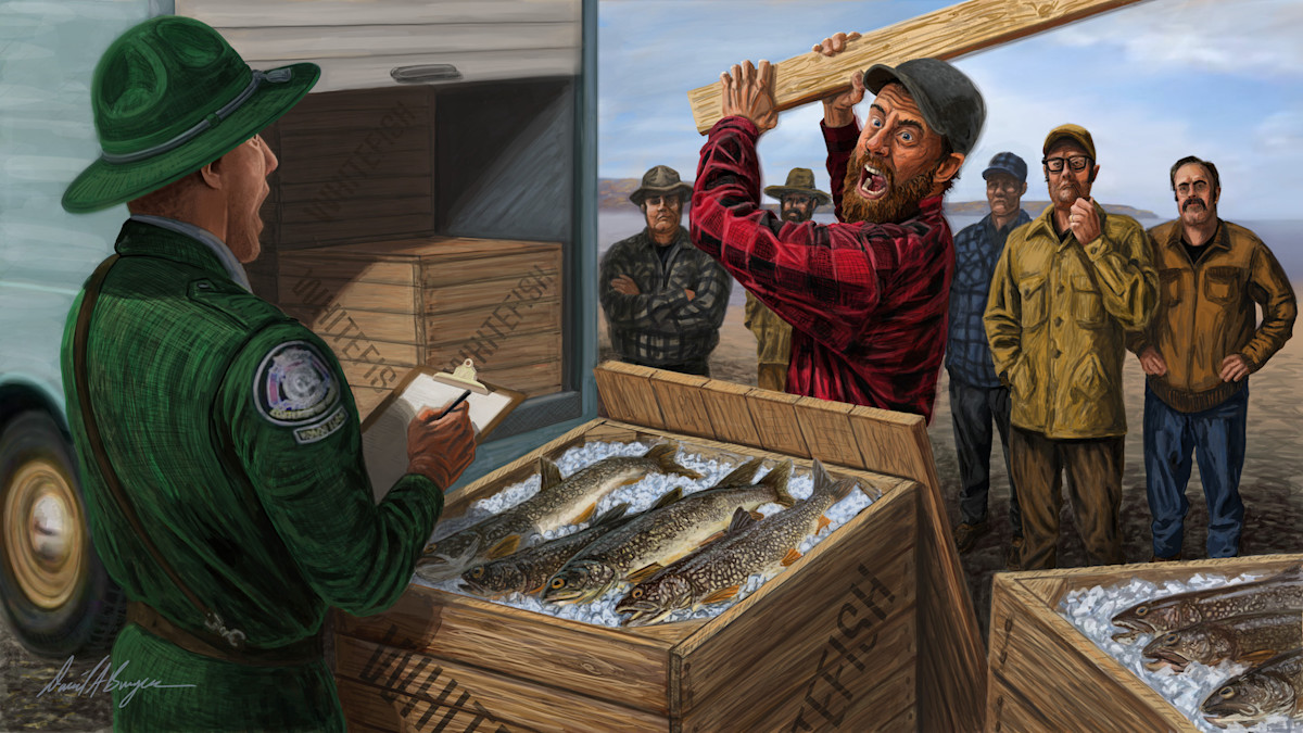 Ranger checks crate labeled 'WHITEFISH' of iced fish as a bearded man in red plaid raises a plank