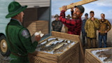 Ranger checks crate labeled 'WHITEFISH' of iced fish as a bearded man in red plaid raises a plank