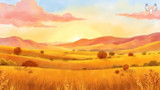 Sunrise over golden rolling hills and grasslands with scattered trees under pink clouds