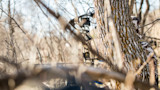 Partially obscured hunter in camouflage behind a tree holding a compound bow in dry brush