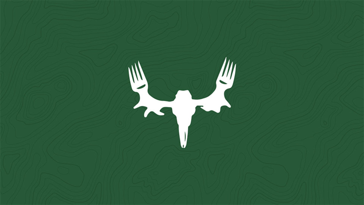 MeatEater logo: white skull with fork antlers on green topographic background