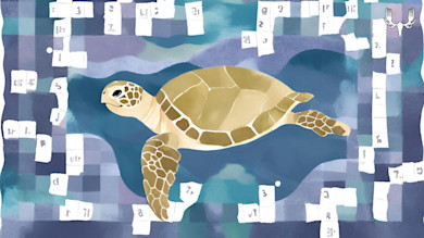 Sea turtle watercolor illustration over blue checkered background with scattered white tiles and MeatEater logo