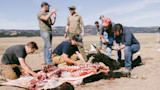 Group of men field-dressing a bison carcass on a dry prairie