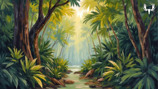 Tropical jungle clearing with sunbeam over a shallow stream; MeatEater logo upper-right