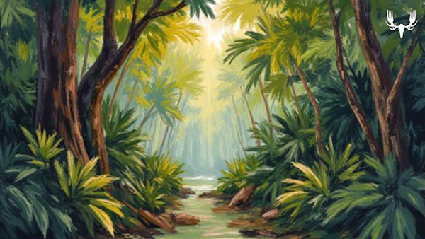 Tropical jungle clearing with sunbeam over a shallow stream; MeatEater logo upper-right