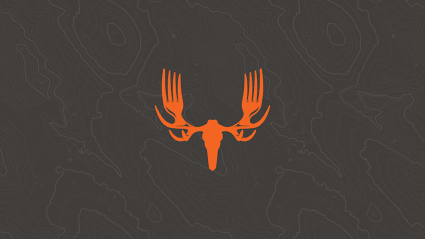 MeatEater logo — orange deer skull with fork-shaped antlers on dark topographic map background
