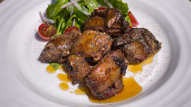Smoked dove bites glazed with spiced maple, drizzled sauce, salad greens and cherry tomatoes