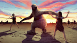 Giant ground sloth confronts two fur-clad prehistoric humans on a beach at sunset