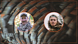 Two circular portraits over turkey-feather background: Ryan Callaghan left, young man right