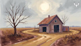 Painting of a weathered barn by a winding dirt road under a pale sun, leafless trees