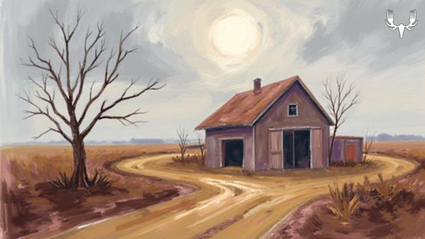 Painting of a weathered barn by a winding dirt road under a pale sun, leafless trees