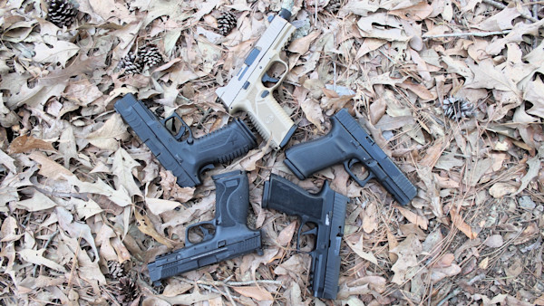 Five handguns arranged on dry leaves and pinecones