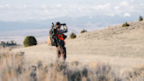 Hunter in orange vest scanning mountain valley with binoculars, backpack and rifle