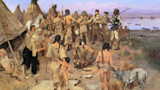 Historical painting of two explorers greeting Native American leaders at a riverside camp with tipis and canoes