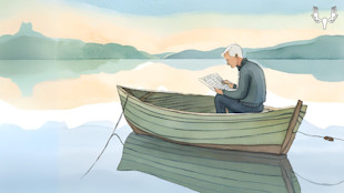 Man in a rowboat reading a crossword on a calm lake, MeatEater logo in corner