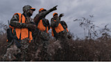 Four hunters in camo and orange vests pointing across a field, two holding binoculars