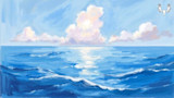 Calm blue ocean painting with sunlit waves and pastel clouds; MeatEater logo in top right
