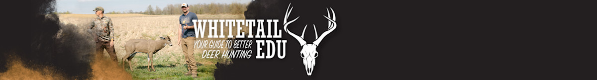 Two hunters beside a deer in a field; overlay reads 'WHITETAIL EDU — Your guide to better deer hunting' with skull logo
