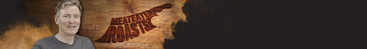 Smiling man left of wooden panel reading 'MEATEATER ROASTS' on dark banner