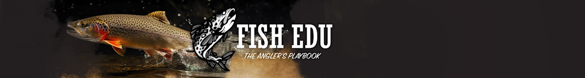Trout leaping beside text 'FISH EDU' and subtext 'THE ANGLER'S PLAYBOOK' on dark background