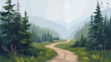 Winding dirt path through a foggy pine valley, layered mountains in distance, MeatEater logo top-right