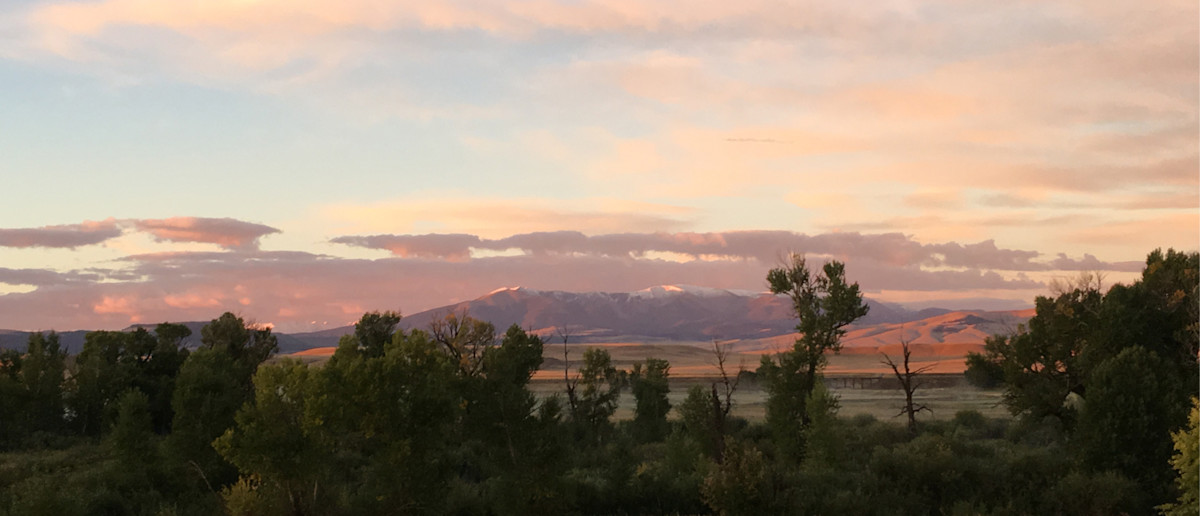 Sunset-lit mountain range with snow caps, golden hills and treeline in foreground