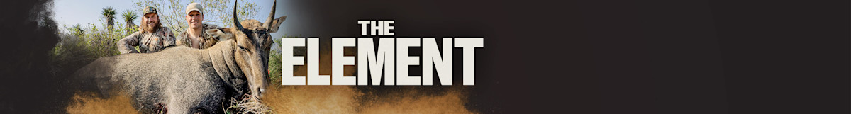 Two hunters behind a large antelope, THE ELEMENT text overlay