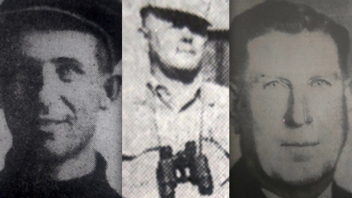 Three grainy black-and-white newspaper-style portraits of men