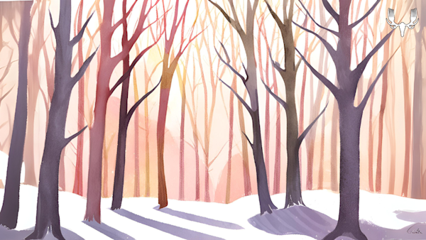 Snowy maple forest illustration at pink sunrise with MeatEater logo top-right