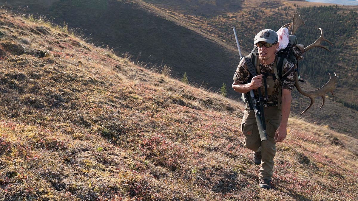Hunter wearing camouflage and cap carrying elk antlers and rifle up grassy hillside