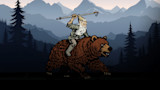 Gnome with long white beard riding a brown bear, raising a hiking pole before blue mountains