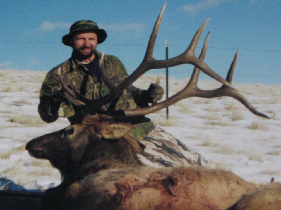 Large elk with tall antlers; hunter in camouflage kneeling behind in snowy field