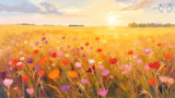 Sunlit golden meadow of wildflowers with red, pink and purple blooms; MeatEater logo top-right