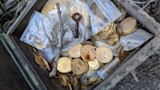 Gold coins in open wooden chest with gold nugget, rusted key and zip-top bags