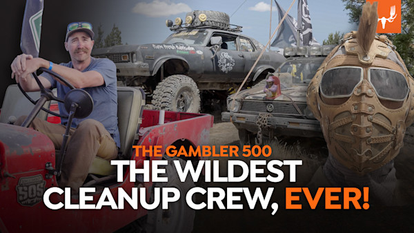 THE GAMBLER 500 — THE WILDEST CLEANUP CREW, EVER! Man in red cart, wrecked cars, person in leather mask