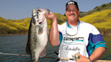 Angler holding large bass by its mouth on a lake, wearing shirt labeled 'SPRO Gamakatsu' and 'BBZ' cap