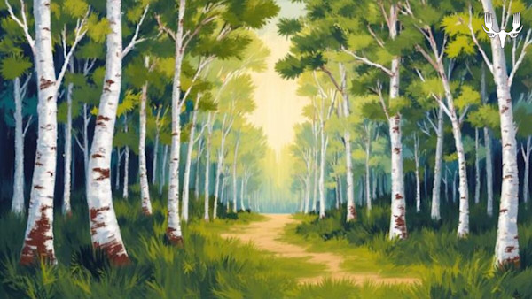 Sunlit birch forest path with white-barked trees and green leaves; MeatEater antler logo top right