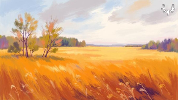 Golden field painting with distant trees under pale sky, MeatEater antler logo top-right