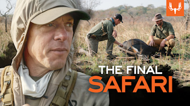 THE FINAL SAFARI: close-up of man in hood; two men kneel beside fallen antelope in grass