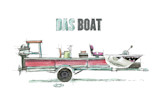 Watercolor sketch of pontoon boat with shark-face bow; text "DAS BOAT" above