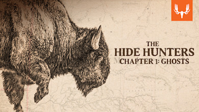 Bison illustration beside text "THE HIDE HUNTERS CHAPTER 1: GHOSTS" on antique map, MeatEater logo