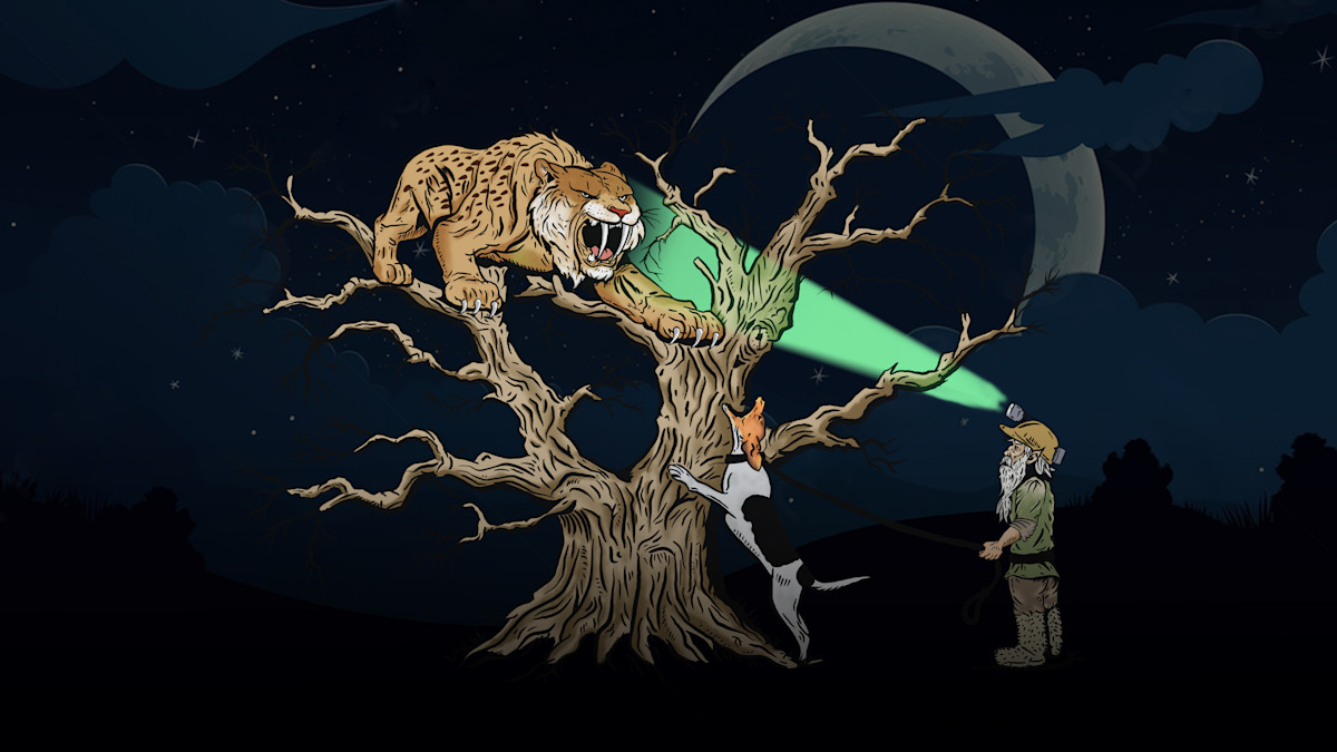 Night illustration of gnome with headlamp shining green beam at snarling cat in tree, dog climbing
