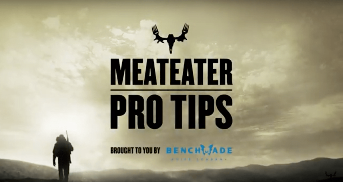 MEATEATER PRO TIPS over sepia sky with hunter silhouette; BROUGHT TO YOU BY BENCHMADE