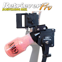RetrieverPro bowfishing reel with pink bottle labeled AMS and rubber bands; text "RetrieverPro BOWFISHING REEL"