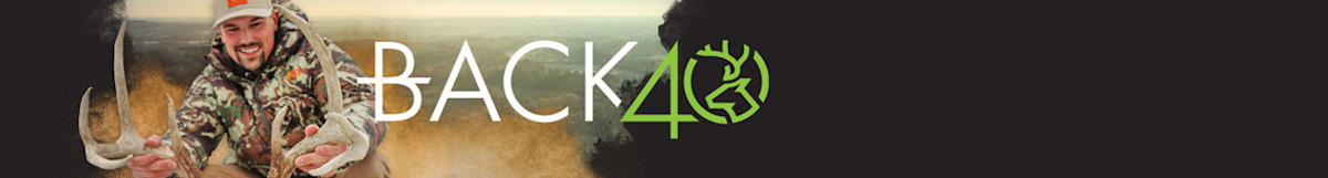 BACK40 text and green deer logo; hunter holding large deer antlers at left